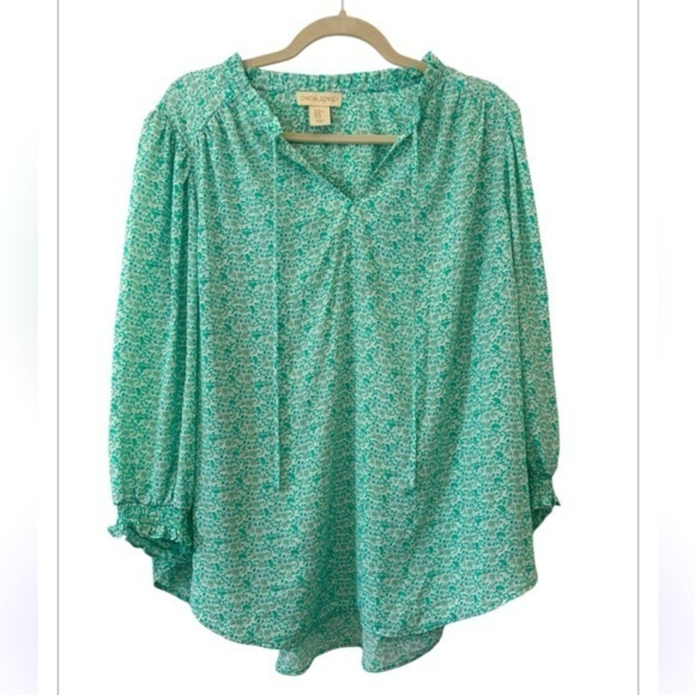 Cynthia Rowley Green Floral Cottagecore Peasant Feminine Tunic Top Size 1X